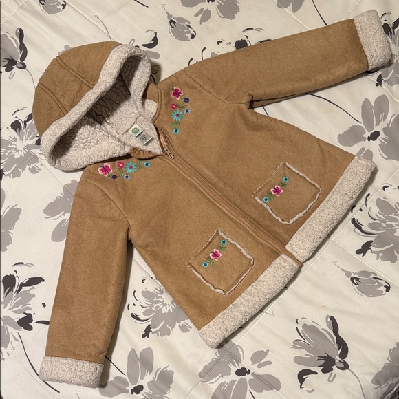Little Me Other - Little Me Tan Kids Puffer Jacket with Floral Embroidery
